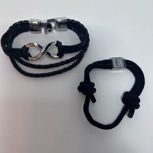 Black leather Braided Bracelet Set with Silver Accents